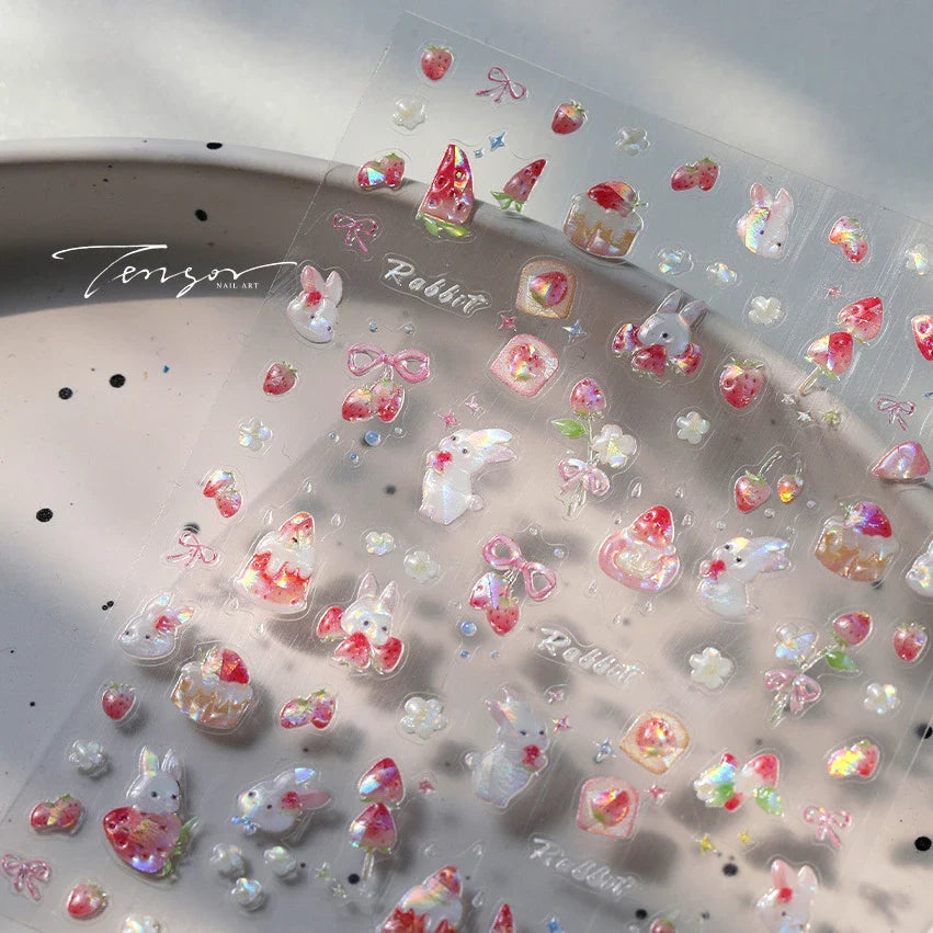 Cute White Rabbit Bunny Strawberry Flower Pudding Star Bowknot Fruit Delicate Adhesive Nail Art Sticker Charming Manicure Decal (Online Order Only)
