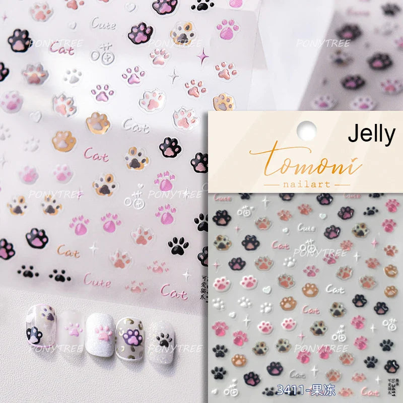 Lovely Green Pink Cherry Pudding Claw Paw Love Heart Bowknot Soft Embossed Reliefs Adhesive Nail Art Stickers Manicure Decals (ONLINE ORDER ONLY)