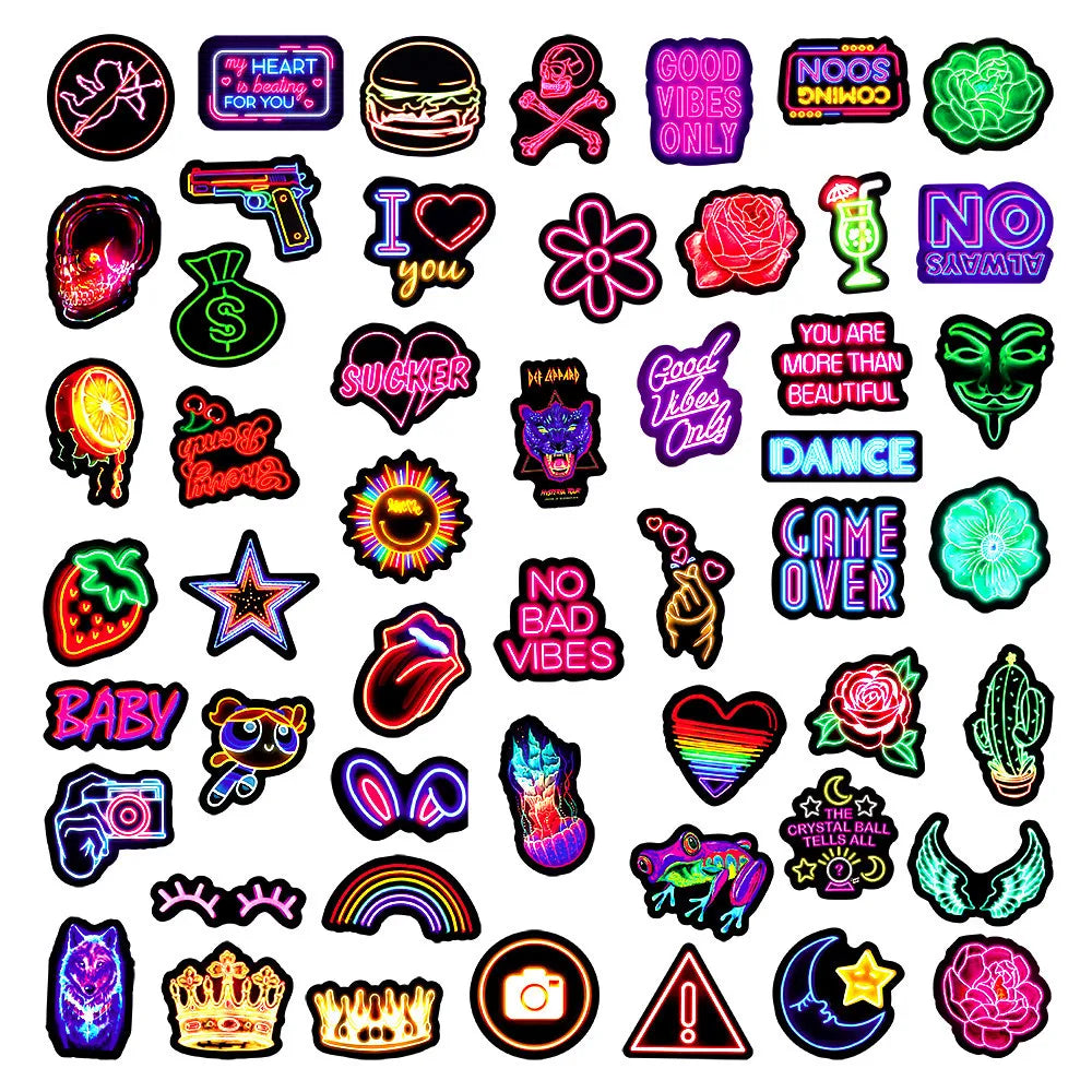 10/30/50PCS Neon Light Sticker Graffiti Sticker Scrapbook Notebook Car Guitar Wall Sticker Motorcycle Cute Cartoon Decoration (ONLINE ORDER ONLY)