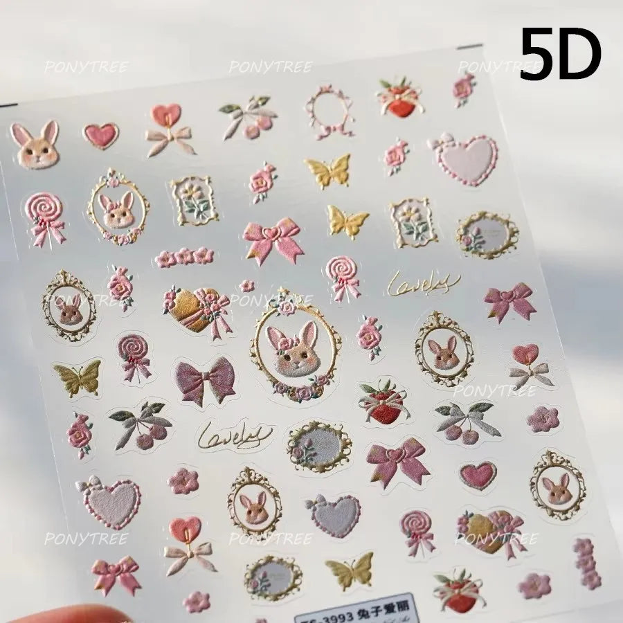 Flower Garland Lovely Bunny Rabbit Floral Wreath Bowknot Frame Spring Charm Heart 5D Adhesive Nail Art Stickers Manicure Decals (ONLINE ORDER ONLY)