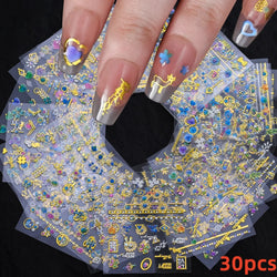 30Pcs/Set Red Golden 3D Nail Art Sticker Hot Stamping Hollow Decals Mixed Designs Adhesive Flower Nail Tips Letter Butterfly Set (Online Order Only)