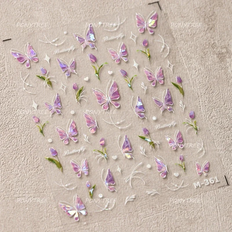 Dreamy White Lace Bowknot Purple Pink Gradual Tulip Flower Butterfly Garden Relief Adhesive Nail Art Stickers Manicure Decals (Online Order Only)