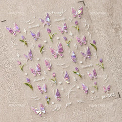 Dreamy White Lace Bowknot Purple Pink Gradual Tulip Flower Butterfly Garden Relief Adhesive Nail Art Stickers Manicure Decals (Online Order Only)