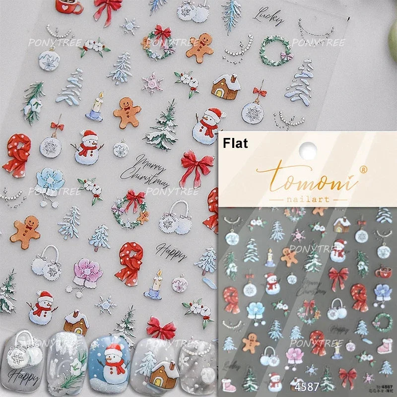 Snowman Tree House Cedar White Pine Forest Warm Winter Cloud Self Adhesive Nail Art Stickers Snowflake Star Snow Manicure Decals (ONLINE ORDER ONLY)