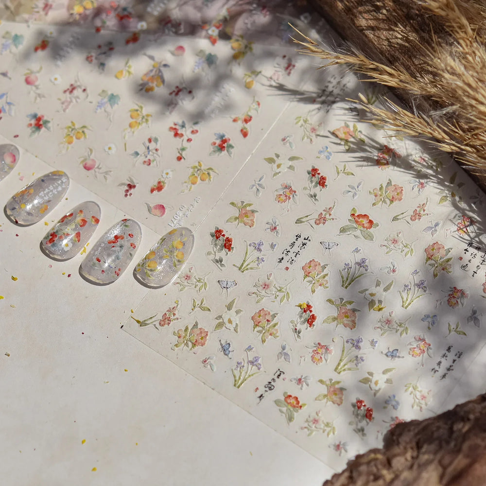 Antique Flowers Bird Swallow Fruit Narcissus Orchid Oranges Peaches Grape Cherry Strawberries Nail Art Stickers Manicure Decals (ONLINE ORDER ONLY)