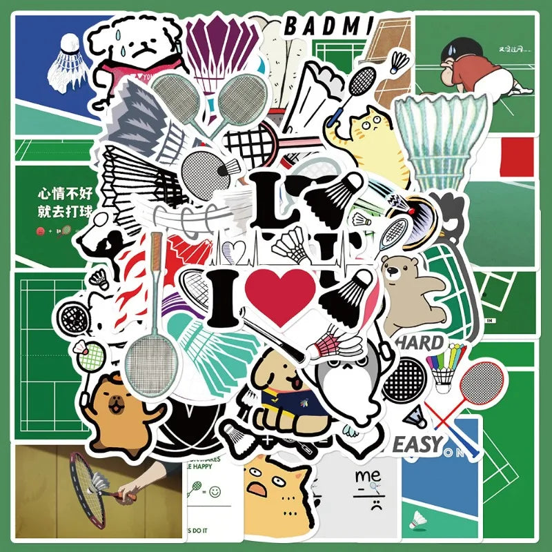 50pcs Cartoon Badminton Stickers for Helmet, Wall, DIY Decoration Wholesale (Online Order Only)