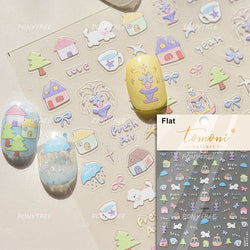 Cute Animals Bear Dog Cake Sweet Cherry Grid Bowknot Star Line Fruit Relief Self Adhesive Nail Art Stickers 3D Manicure Decals (ONLINE ORDER ONLY)