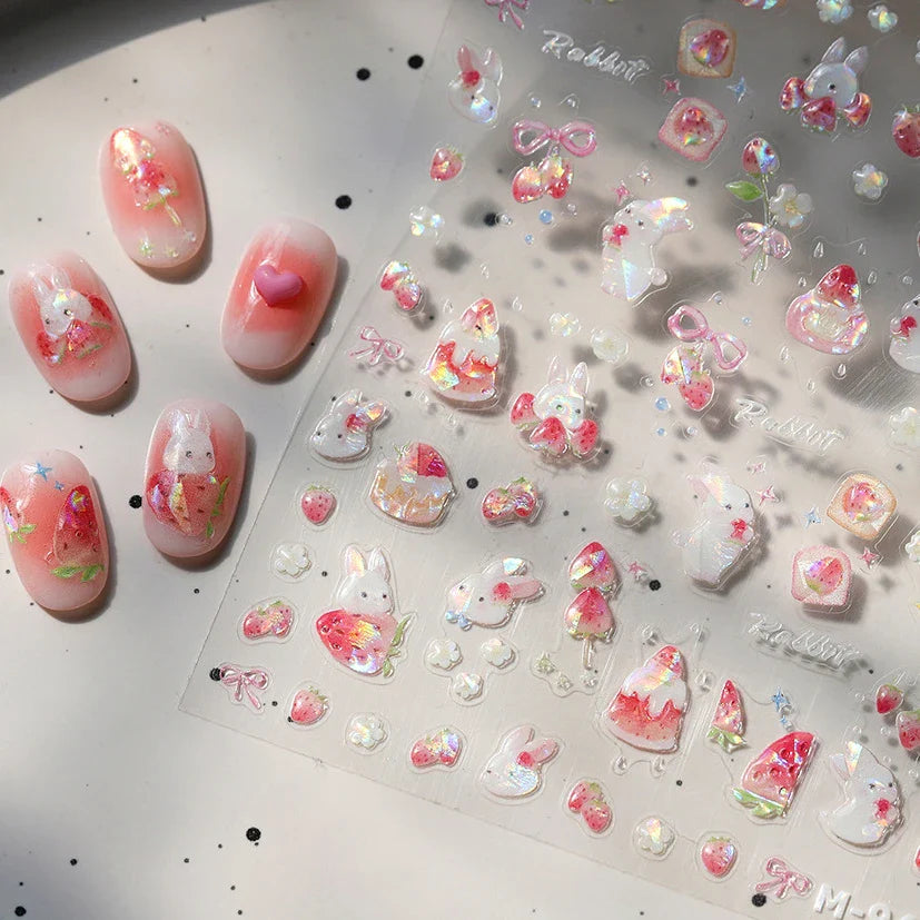 Cute White Rabbit Bunny Strawberry Flower Pudding Star Bowknot Fruit Delicate Adhesive Nail Art Sticker Charming Manicure Decal (Online Order Only)