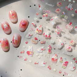 Cute White Rabbit Bunny Strawberry Flower Pudding Star Bowknot Fruit Delicate Adhesive Nail Art Sticker Charming Manicure Decal (Online Order Only)