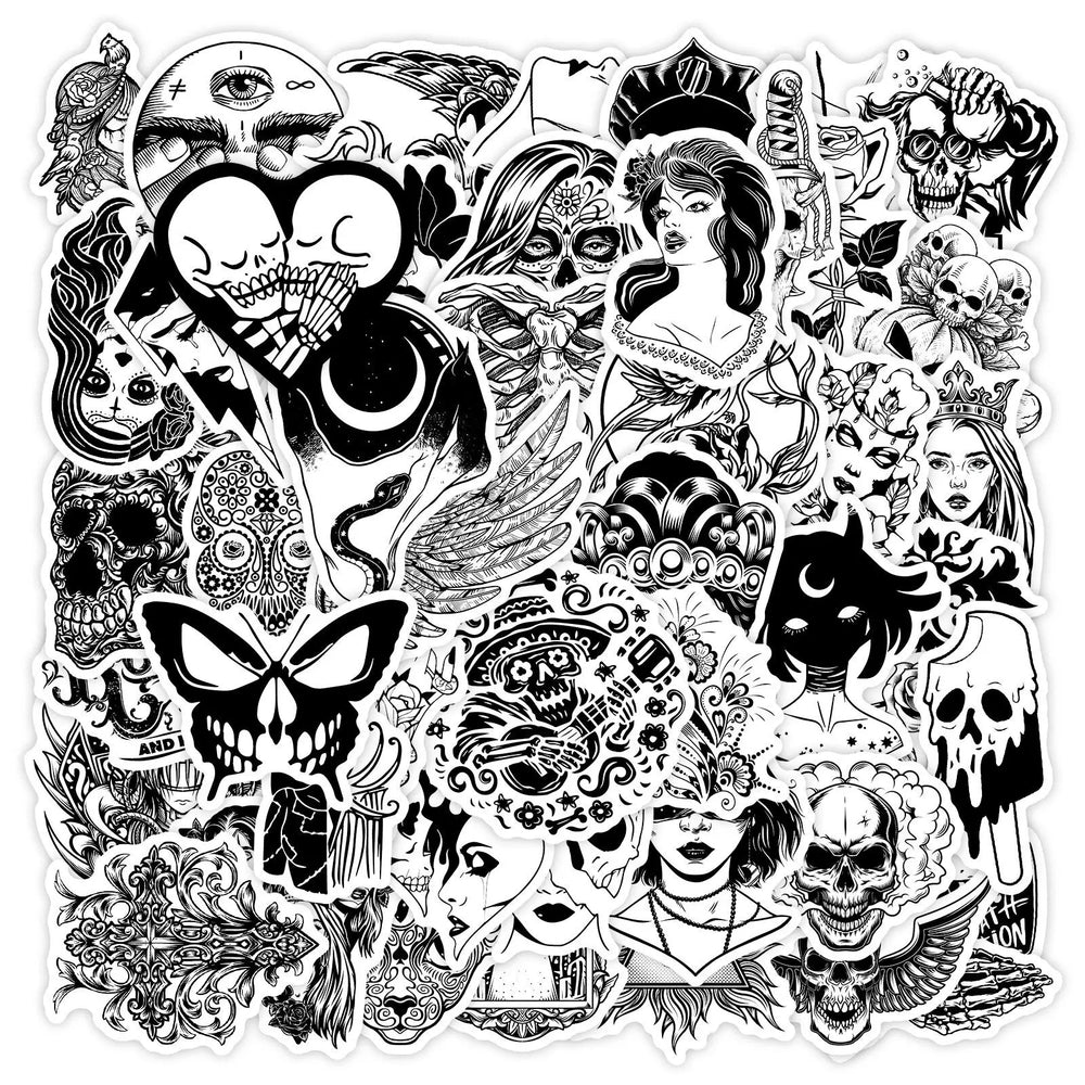 10/50PCS Black White Gothic Magic Witch Cool Stickers Cartoon Decals Toys Skateboard Laptop Motorcycle Car Waterproof Sticker (ONLINE ORDER ONLY)