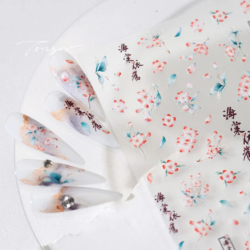 Chic Begonia Flower Miss-grass Pink Gradient Cherry-apple Tree Leaves Peach Blossom Adhesive Nail Art Spring Nail Stickers Decal (ONLINE ORDER ONLY)