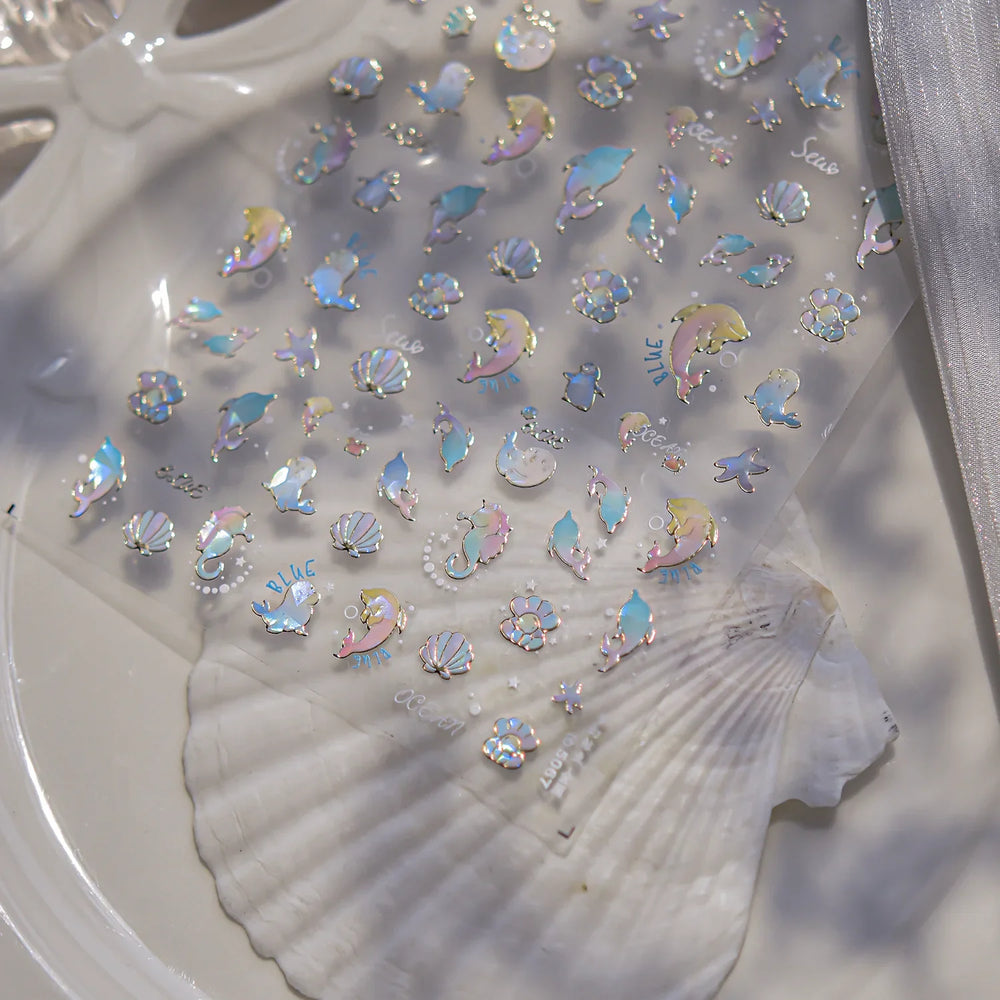 Colored Whale Seahorse Shell Crab Otter Pearl Oyster Starfish Ocean Dreamy Adhesive Nail Art Stickers Manicure Decals Wholesale (ONLINE ORDER ONLY)