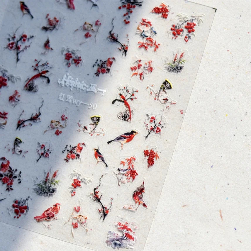 Red Azalea Rose Peony Crane Warbler Bird Fish Lily Chicken Rabbit Lobster Flower Retro Chinese Nail Art Sticker Decoration Decal (Online Order Only)