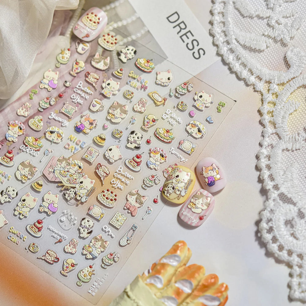 Cute Cat Cherry Sweet Cake Dog Butter Cookie Coffee Strawberry Jam Ice Cream Adhesive Nail Art Decoration Sticker Manicure Decal (Online Order Only)