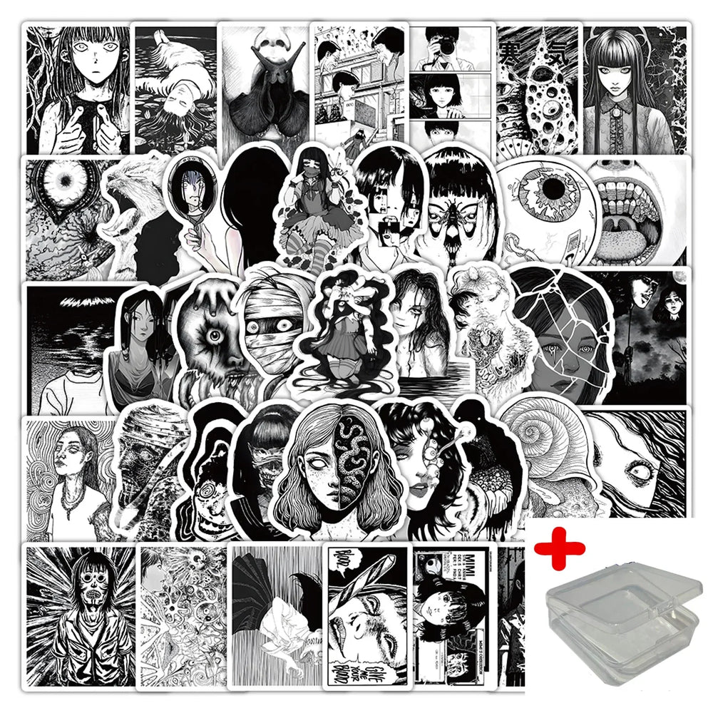 53pcs Black & White Horror Anime Stickers for Wall Decoration with Storage Box (Online Order Only)