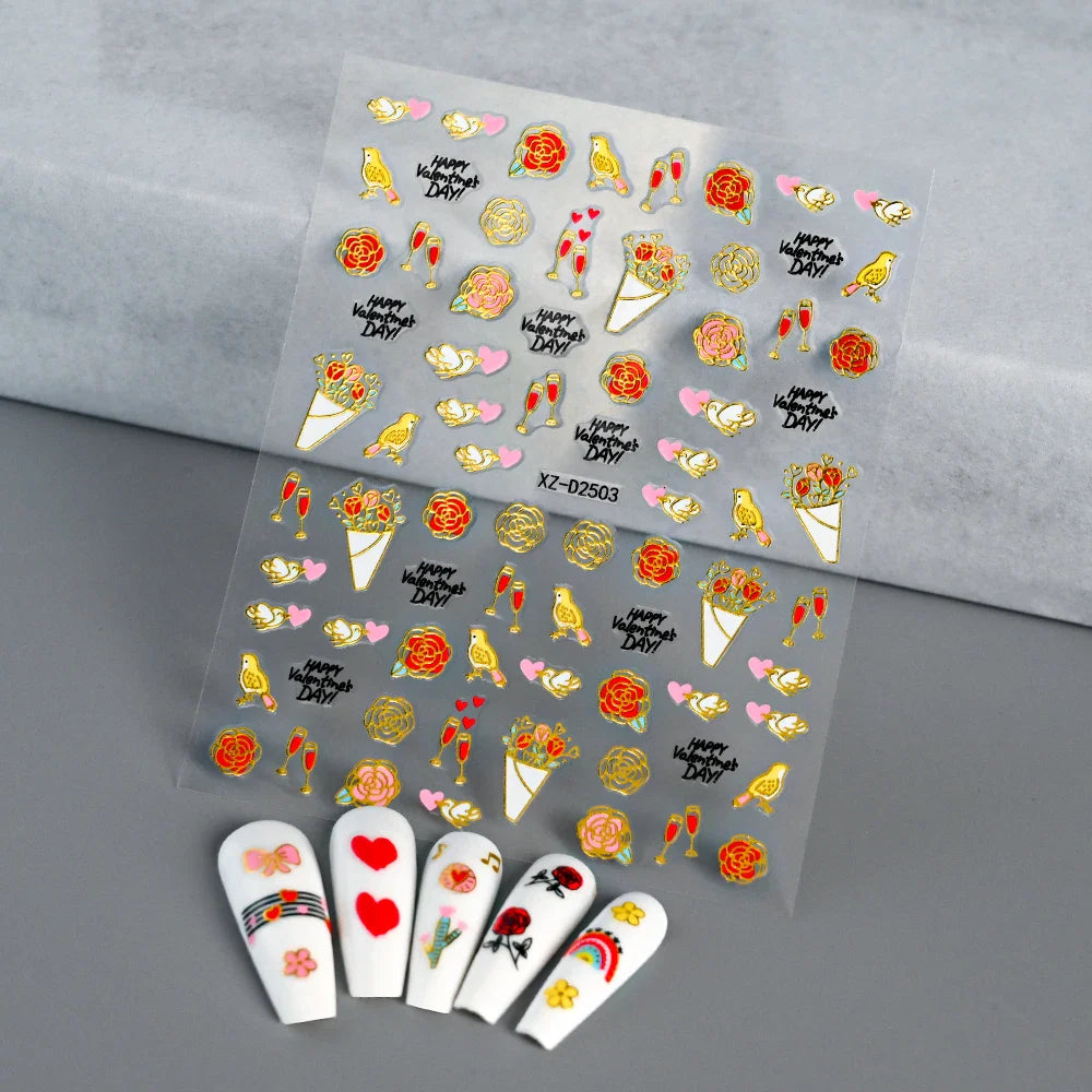 1PC Holographic Laser Heart Nail Stickers-3D Self-Adhesive Golden White Valentines Day Nail Decals For Women Nail Art Decoration (ONLINE ORDER ONLY)
