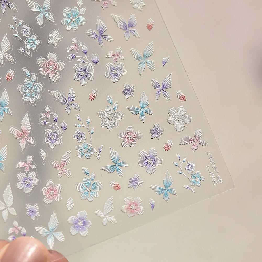 Embroidered Butterfly Flower Colourful Gradient Morning Glory Leaves Self Adhesive Nail Art Stickers Rhinestone Manicure Decals (ONLINE ORDER ONLY)