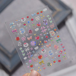 Dyeing Apple Cherry Fruit Dog Puppy Bowknot Colorful Cartoon Graffiti Reliefs Adhesive Nail Art Stickers Flowers Manicure Decals (ONLINE ORDER ONLY)