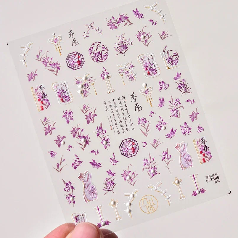 Red Plum Blossom Flower Chinese 3D Self Adhesive Nail Art Decoration Stickers Cheongsam Iris Lily Lotus Vase 5D Manicure Decals (ONLINE ORDER ONLY)