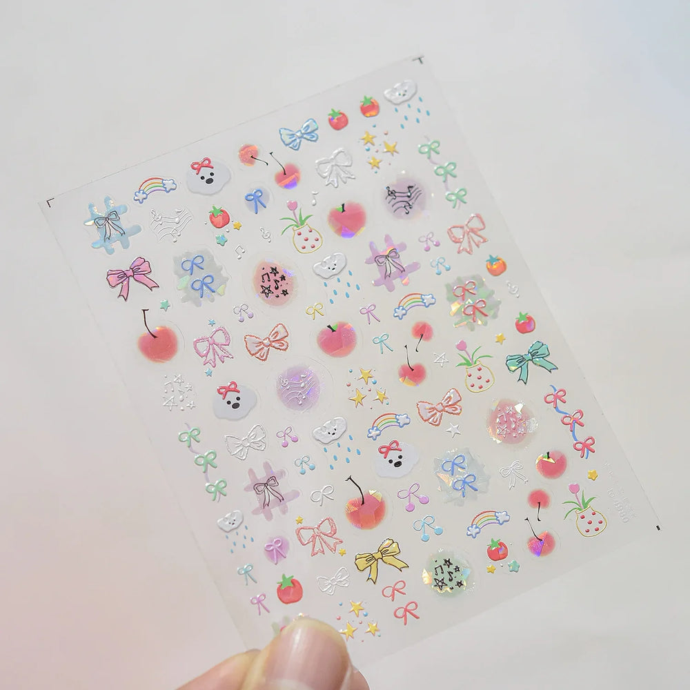 Dyeing Apple Cherry Fruit Dog Puppy Bowknot Colorful Cartoon Graffiti Reliefs Adhesive Nail Art Stickers Flowers Manicure Decals (ONLINE ORDER ONLY)