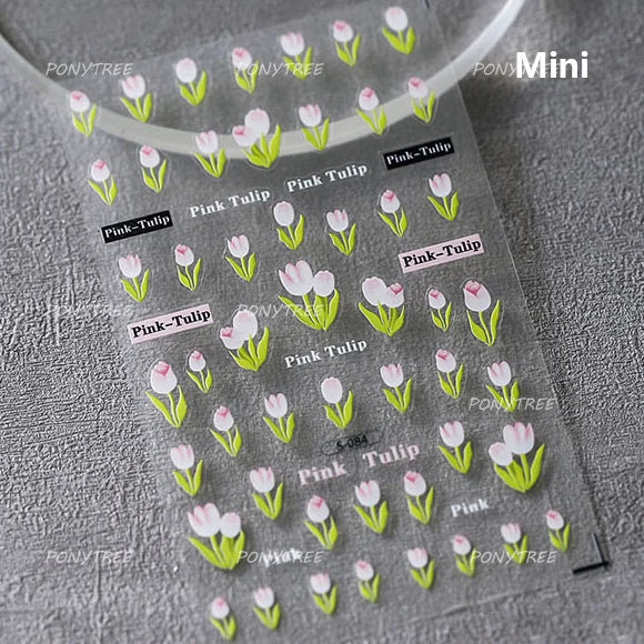 Dreamy White Lace Bowknot Purple Pink Gradual Tulip Flower Butterfly Garden Relief Adhesive Nail Art Stickers Manicure Decals (Online Order Only)