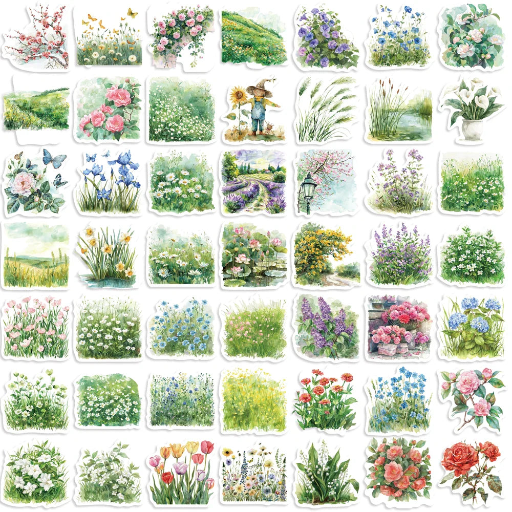 50pcs Watercolor Summer Flower Stickers Laptop Suitcase Graffiti Skateboard Luggage Waterproof PVC Stickers Kids Gift Toys (Online Order Only)