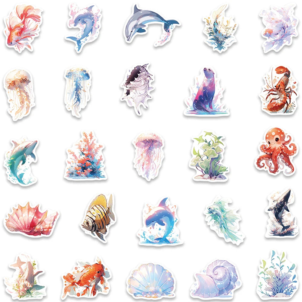 50pcs Cute Cartoon Marine Organism Stickers Vinyl Laptop Water Bottle Decals Luggage Guitar Skateboard Waterproof Graffiti (ONLINE ORDER ONLY)