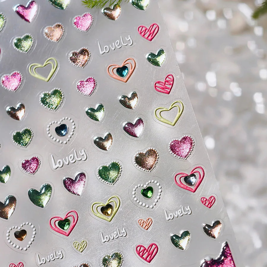Lovely Love Heart Graffiti Crystal Geometric Cat's Eye Macaron Color Hollow Out Self Adhesive Nail Art StickersManicure Decals (ONLINE ORDER ONLY)