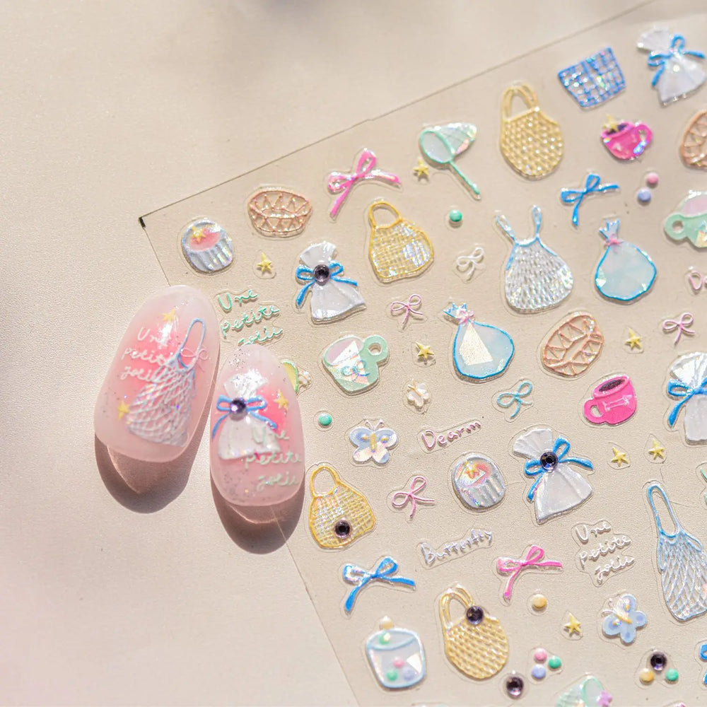 Cute Dream Catcher Net Bag Water Cup Woven Mesh Star Dreamy Bowknot Butterfly Embossed Adhesive Nail Art Sticker Manicure Decal (ONLINE ORDER ONLY)