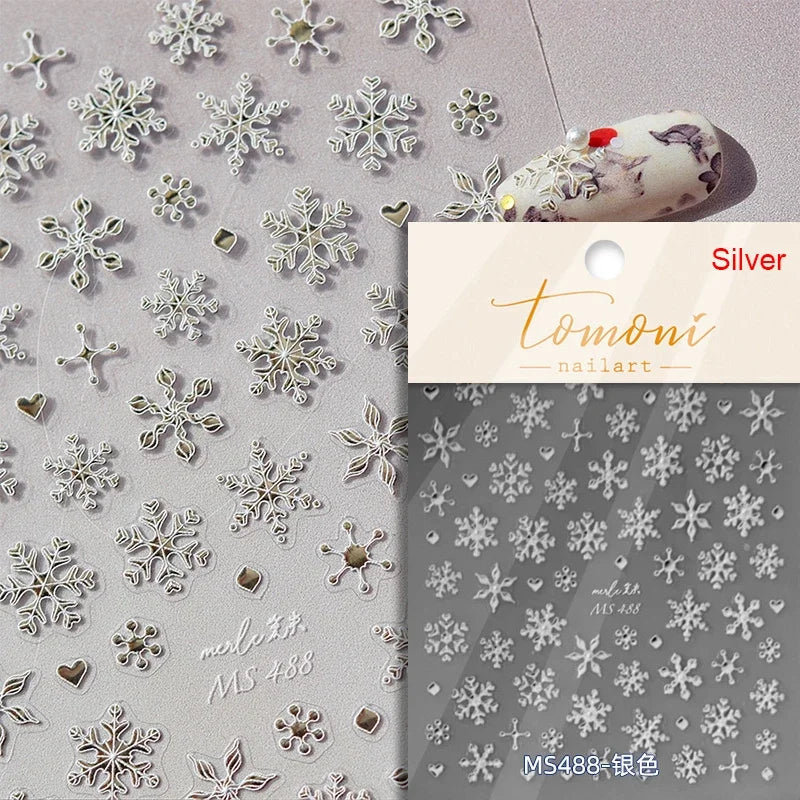 Winter Dreamy Hot Stamping Romantic White Pink Snowflakes Hexagon 3D Self Adhesive Nail Art Stickers Christmas Manicure Decals (ONLINE ORDER ONLY)