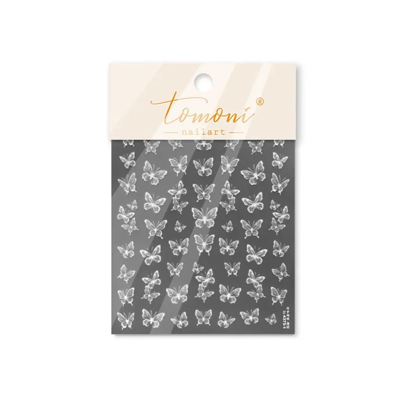 Charming Beautiful Black White Small Butterfly Flower Petal Love Heart Bowknot 5D Self Adhesive Nail Art Sticker Manicure Decals (Online Order Only)