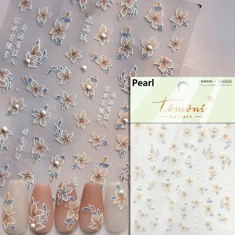 Hummingbird Iris Butterfly Peony Rose Tulip Daisy Lily Flowers Morning Glory Pearl Rhinestones Nail Art Sticker Decoration Decal (ONLINE ORDER ONLY)