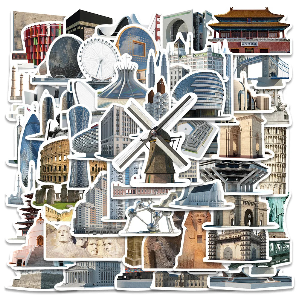 65PCS Famous Architecture Stickers for Laptop, Luggage, Phone, Scrapbook, Building Decals (Online Order Only)