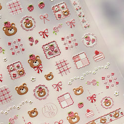 Lovely Bear Strawberry Cake Rose Flower Grid Block Bowknot Embossed Relief Self Adhesive Nail Art Sticker Cute 3D Manicure Decal (ONLINE ORDER ONLY)