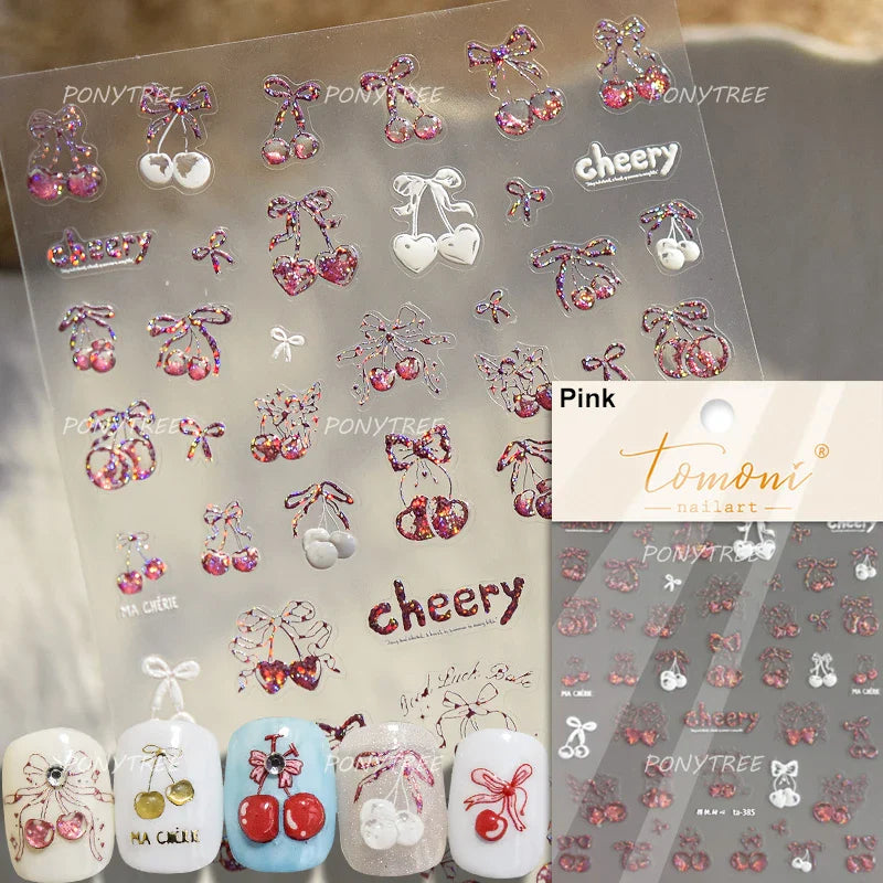 Lovely Green Pink Cherry Pudding Claw Paw Love Heart Bowknot Soft Embossed Reliefs Adhesive Nail Art Stickers Manicure Decals (ONLINE ORDER ONLY)