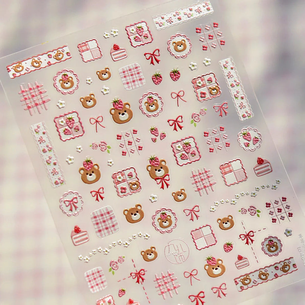 Lovely Bear Strawberry Cake Rose Flower Grid Block Bowknot Embossed Relief Self Adhesive Nail Art Sticker Cute 3D Manicure Decal (ONLINE ORDER ONLY)