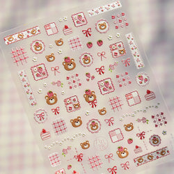 Lovely Bear Strawberry Cake Rose Flower Grid Block Bowknot Embossed Relief Self Adhesive Nail Art Sticker Cute 3D Manicure Decal (ONLINE ORDER ONLY)
