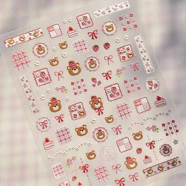 Lovely Bear Strawberry Cake Rose Flower Grid Block Bowknot Embossed Relief Self Adhesive Nail Art Sticker Cute 3D Manicure Decal (ONLINE ORDER ONLY)