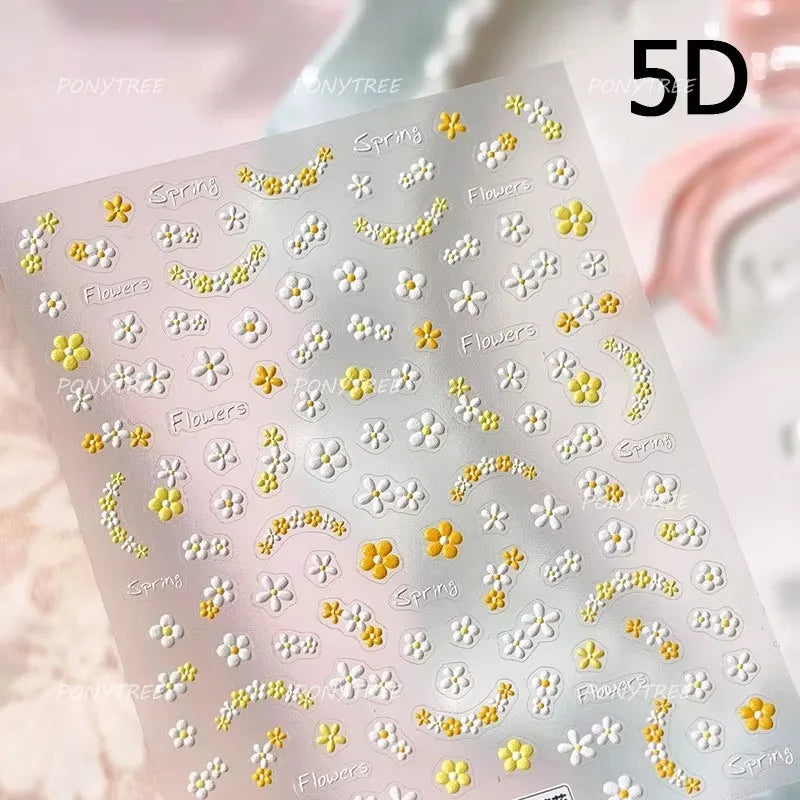 Yellow Purple Mini Flower White Lace Bowknot Flower Bouquet Spring 5D  Adhesive Nail Art Decoration Stickers DIY Manicure Decals (ONLINE ORDER ONLY)