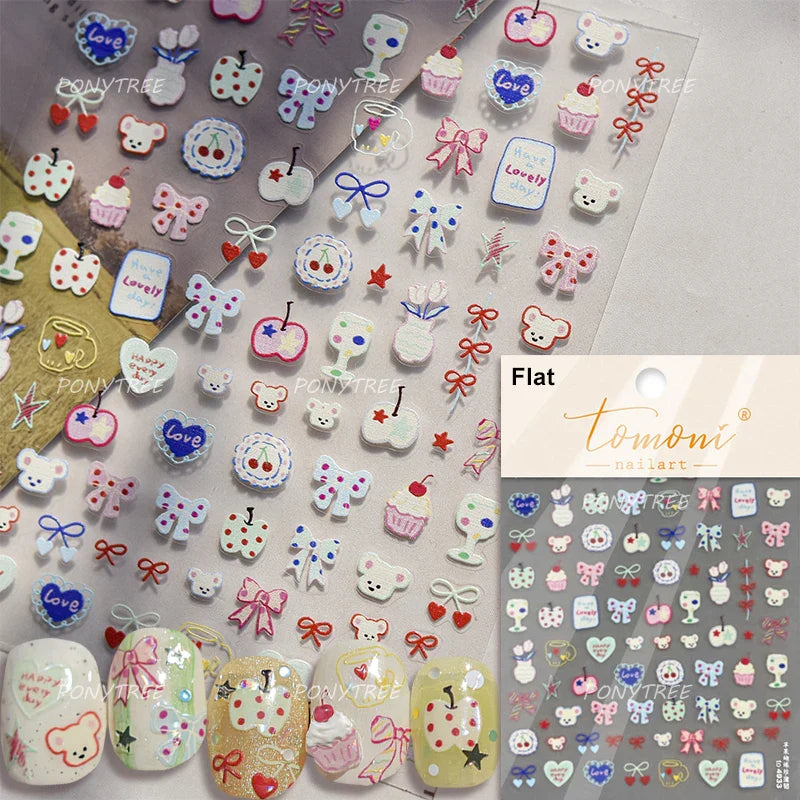 Bear Bowknot Bag Dessert Apple Core Earphone Cup Tulip Cherry Milk Cake Cookies Flower Adhesive Nail Art Stickers Manicure Decal (ONLINE ORDER ONLY)