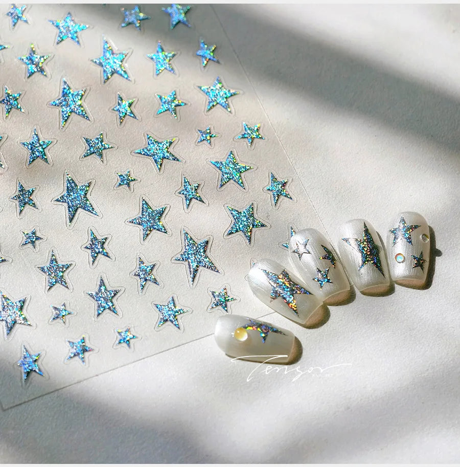 Sparkle Laser Silver Starburst Five-pointed Star Geometric Tiny Spot Romantic 5D Self Adhesive Nail Art Stickers Manicure Decals (ONLINE ORDER ONLY)