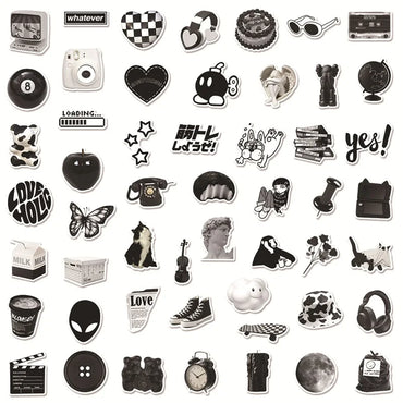 10/30/50PCS INS Black White Sketchbook Sticker Aesthetic PVC Children's Laptop School Stationery Scrapbooking Supplies for Kids (ONLINE ORDER ONLY)