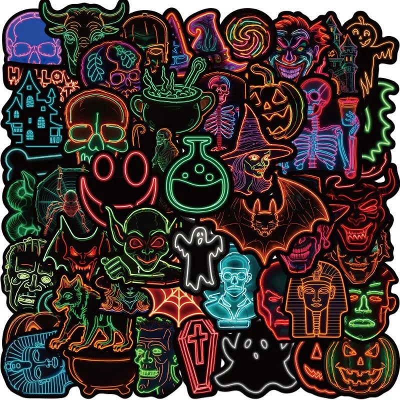 50pcs Halloween Neon Cartoon Stickers for Suitcase, Water Cup, Phone, Laptop, Car, Scooter, Refrigerator (ONLINE ORDER ONLY)