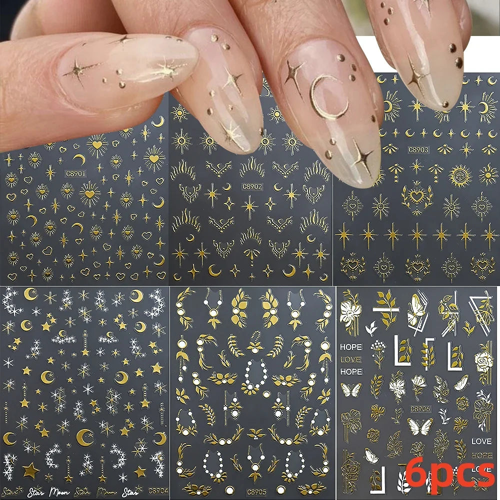 6 Sheets Moon/Star Nail Art Sticker Adhesive Gold Color Sticker Sheets Universal Constellation Shapes Sticker Art Decoration (ONLINE ORDER ONLY)