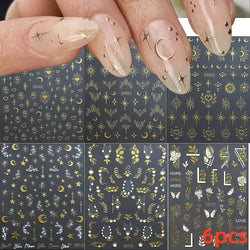 6 Sheets Moon/Star Nail Art Sticker Adhesive Gold Color Sticker Sheets Universal Constellation Shapes Sticker Art Decoration (ONLINE ORDER ONLY)