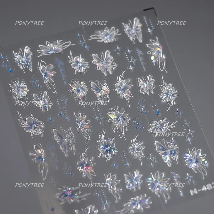French Chic Blue Line Bowknot Fan Flower Leaves Butterfly Lace Frame Bell Shiny Self Adhesive Nail Art Stickers Manicure Decals (ONLINE ORDER ONLY)