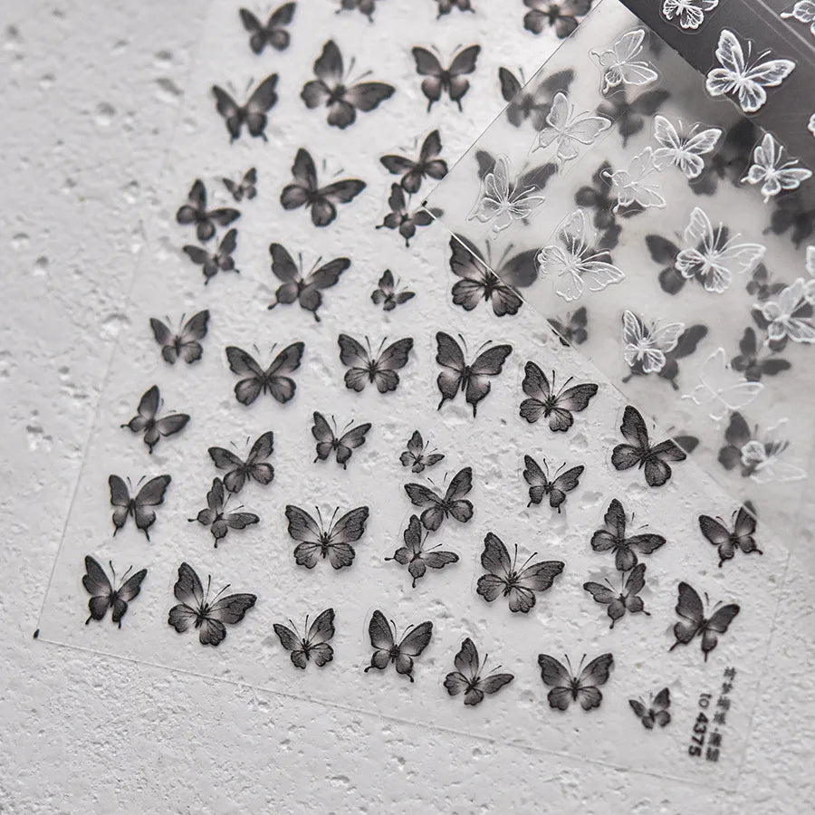 Charming Beautiful Black White Small Butterfly Flower Petal Love Heart Bowknot 5D Self Adhesive Nail Art Sticker Manicure Decals (Online Order Only)