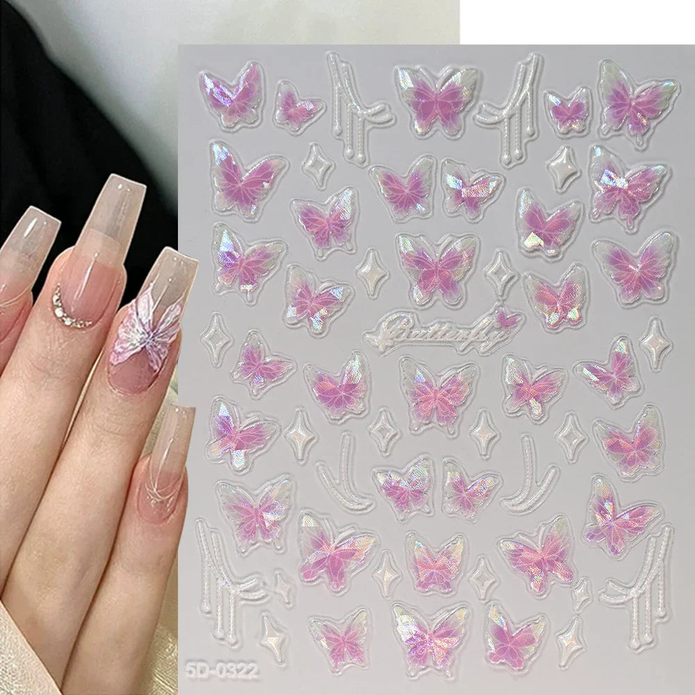 1pc Aurora Butterfly Nail Stickers Pink Butterfly Shell Light Beam Angel Wings Sliders Fairy Light & Lively Translucent Nail Dec (ONLINE ORDER ONLY)