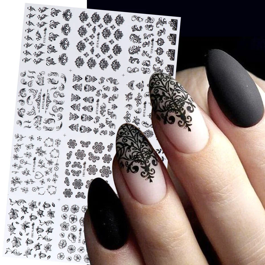 12PCS Black Nail Stickers 3D Flower Leaf Necklace Gel Decals Manicure Design (ONLINE ORDER ONLY)