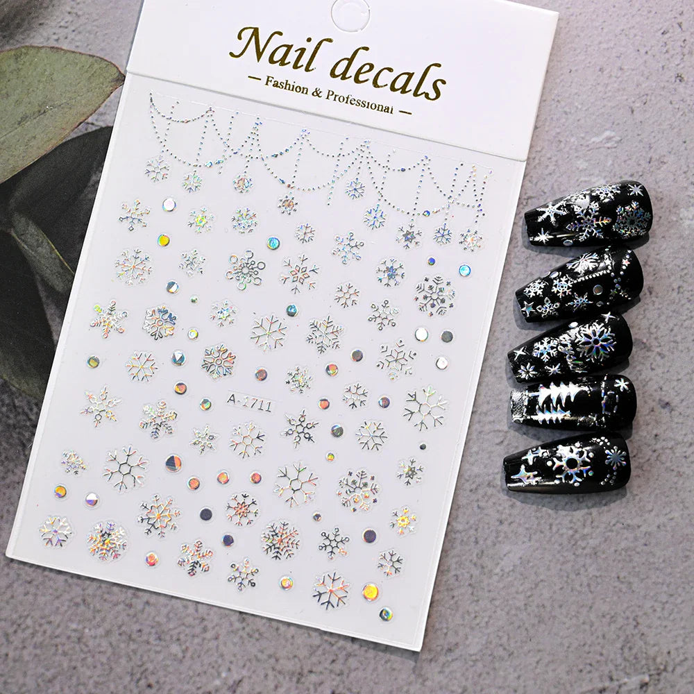 3D Gold Glitter Snowflake Nail Sticker Winter Reflective Elk Star Balloon Christmas Tree Foil Xmas New Year Decal Tips Decoratio (ONLINE ORDER ONLY)